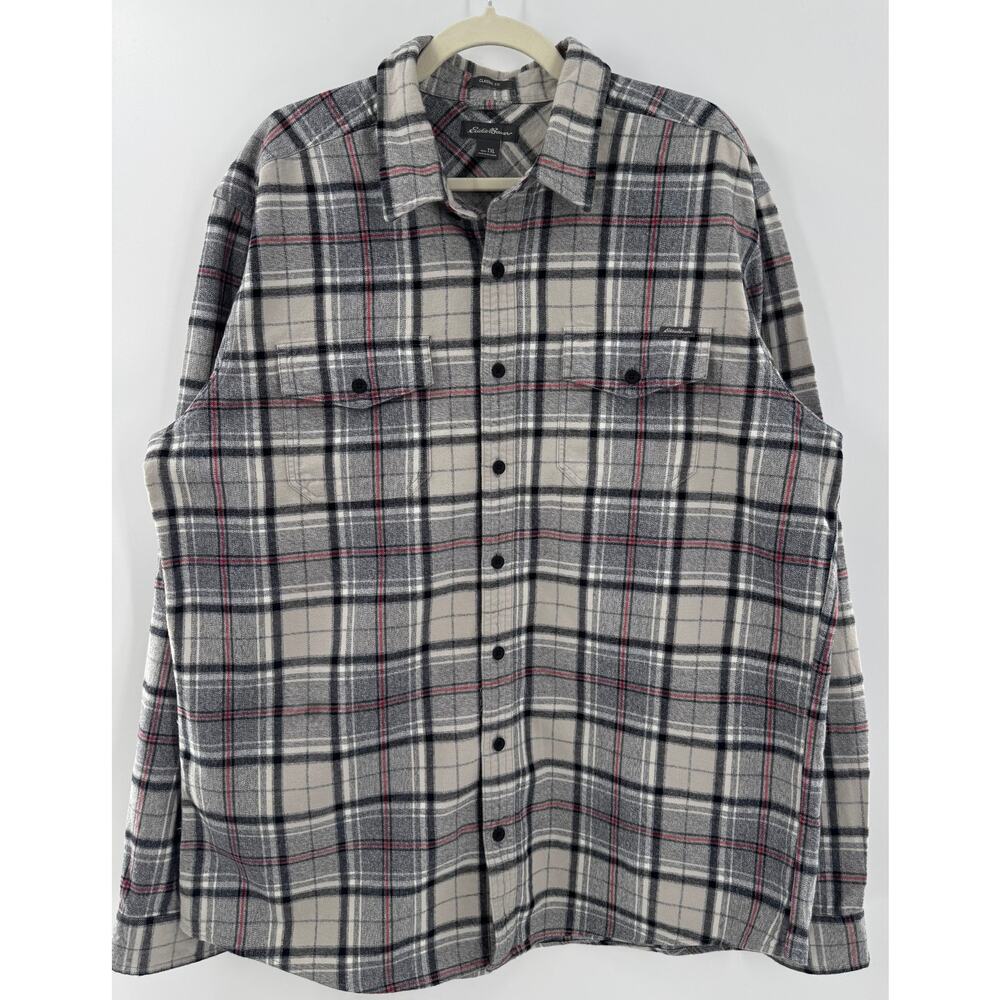 Eddie Bauer Mens Gray Plaid Flannel Classic Fit Cotton Button Down Shirt XLT